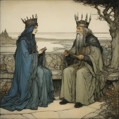 king lear,arthur rackham,wise men,courtship,kate greenaway,king caudata,a fairy tale,fairy tales,children's fairy tale,middle ages,fairytale characters,the middle ages,vintage illustration,crowning,king arthur,fairy tale,the ruler,hamelin,biblical narrative characters,binding contract,Illustration,Retro,Retro 25