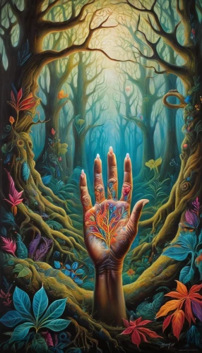 praying hands,psychedelic art,the hands embrace,buddha's hand,enchanted forest,forest of dreams,palm of the hand,shamanism,children's hands,tree of life,healing hands,grasping,hand painting,human hands,hand digital painting,garden of eden,dryad,child's hand,the branches of the tree,oil painting on canvas,Illustration,Realistic Fantasy,Realistic Fantasy 40