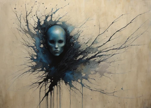 dr. manhattan,transience,humanoid,oil painting on canvas,dark art,echo,aporia,decay,james handley,blue painting,corroded,blue mold,blue enchantress,human head,withered,walker,oil on canvas,zao,emergence,steve medlin,Illustration,Abstract Fantasy,Abstract Fantasy 18