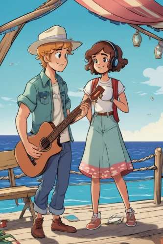 seaside country,serenade,vintage boy and girl,ukulele,country dress,singing sand,musical background,country song,coconut jam,sea beach-marigold,folk music,bandstand,song book,banjo player,banjo uke,girl and boy outdoor,retro music,boardwalk,guava jam,boy and girl,Illustration,Japanese style,Japanese Style 07