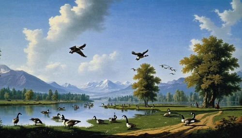 hunting scene,migratory birds,geese flying,birds in flight,geese,canada geese,birds flying,flying birds,bird migration,waterfowl,flock of birds,waterfowls,bird flight,bird painting,wild geese,swallows,landscape background,salt meadow landscape,swan lake,animals hunting,Art,Classical Oil Painting,Classical Oil Painting 25