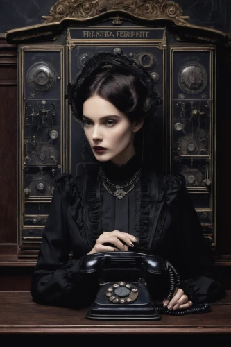 telephone operator,switchboard operator,gothic portrait,victorian lady,vintage telephone,telephone,telephone accessory,the victorian era,victorian style,landline,telephony,gothic woman,clockmaker,watchmaker,the gramophone,calling raven,telephone handset,gothic fashion,victorian,corded phone,Photography,Documentary Photography,Documentary Photography 05