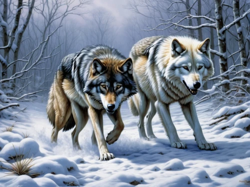 two wolves,wolf couple,wolves,canis lupus,huskies,wolf hunting,werewolves,gray wolf,wolf pack,wolfdog,canines,hunting dogs,european wolf,winter animals,canidae,canis lupus tundrarum,northern inuit dog,saarloos wolfdog,sled dog,mushing,Conceptual Art,Fantasy,Fantasy 30