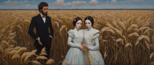 grant wood,young couple,american gothic,wheat field,wheat fields,woman of straw,two people,strand of wheat,man and wife,wheat crops,surrealism,straw field,arrowroot family,barley field,strands of wheat,wedding couple,man and woman,gothic portrait,durum,cropland,Conceptual Art,Daily,Daily 14