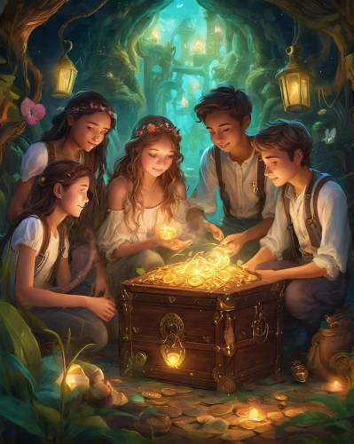 children's fairy tale,game illustration,a fairy tale,fairy tale,fantasy picture,children studying,wishing well,campfire,kids illustration,fairy tales,fairytales,fairytale,magical adventure,fairytale characters,fairy village,fairy tale character,birch family,fairy tale icons,cg artwork,fantasy art,Illustration,Realistic Fantasy,Realistic Fantasy 37
