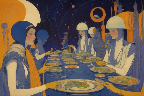 dinner party,dining,rem in arabian nights,long table,morbier,diner,middle-eastern meal,holy supper,dinner for two,majorelle blue,dine,women at cafe,candlemas,feast,soup kitchen,gobelin,pesach,bistrot,plates,iranian cuisine,Illustration,Retro,Retro 07