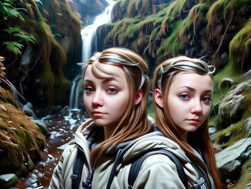 elves,world digital painting,elven forest,two girls,fantasy art,clones,fantasy picture,druids,photo painting,digital compositing,natural beauties,mirror image,hikers,photoshop manipulation,sci fiction illustration,waterfalls,3d fantasy,pathfinders,fantasy portrait,elven