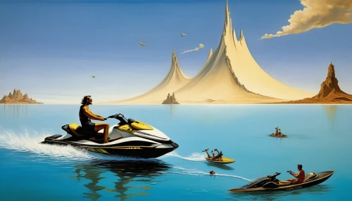 futuristic landscape,floating islands,floating island,pedal boats,jet ski,boat landscape,artificial islands,boat rapids,sea fantasy,watercraft,artificial island,pedalos,sci fiction illustration,rowboats,voyage,futuristic art museum,space tourism,sailing boats,kayaks,personal water craft,Art,Artistic Painting,Artistic Painting 20