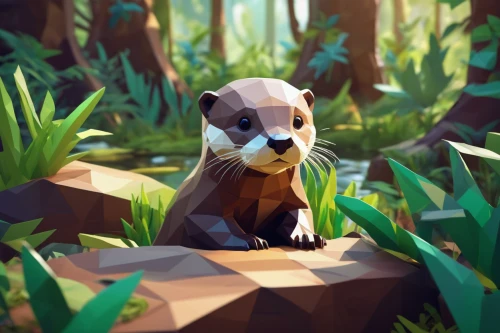 otter baby,otter,stoat,mustelid,low poly,low-poly,north american river otter,polecat,mustelidae,pygmy sloth,bamboo,weasel,cub,otters,long tailed weasel,woodland animals,forest animal,gopher,dog illustration,american mink,Unique,3D,Low Poly