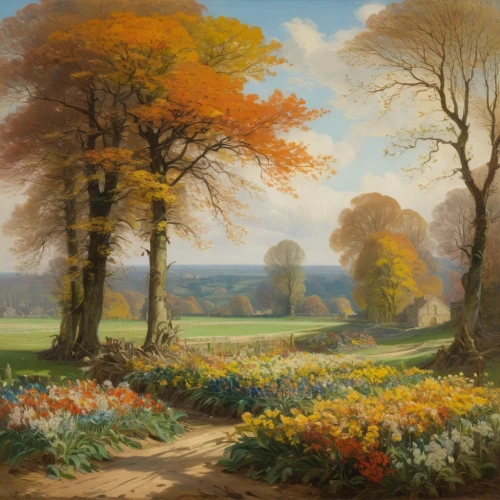 autumn landscape,still life of spring,dutch landscape,robert duncanson,springtime background,early spring,spring morning,farm landscape,rural landscape,groenendael,meadow landscape,daffodils,spring background,english garden,spring garden,home landscape,flower garden,springtime,autumn idyll,meadows,Art,Classical Oil Painting,Classical Oil Painting 15