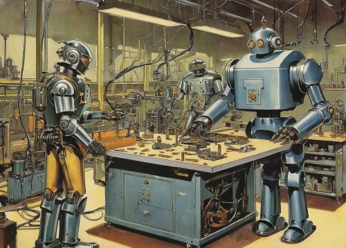 robots,industrial robot,droids,robotics,cybernetics,metalworking,assembly line,industry 4,machines,machine tool,automation,metal toys,tin toys,riveting machines,robotic,machine learning,manufacture,manufactures,automated,workforce,Illustration,Retro,Retro 06