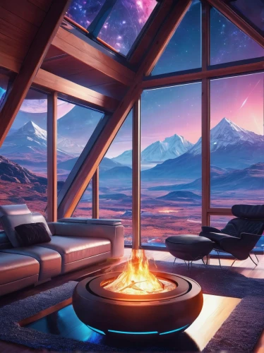 sky space concept,futuristic landscape,sky apartment,modern living room,fireplace,ufo interior,fire place,the cabin in the mountains,livingroom,living room,fireplaces,modern room,roof landscape,beautiful home,home landscape,house in the mountains,log fire,great room,modern decor,smart home,Conceptual Art,Sci-Fi,Sci-Fi 04