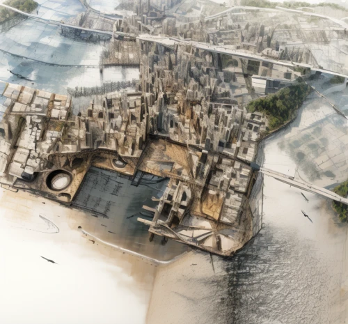 destroyed city,gunkanjima,aerial landscape,hashima,qasr azraq,ancient city,urban development,urbanization,post-apocalyptic landscape,environmental destruction,artificial island,qasr al watan,coastal protection,townscape,environmental disaster,artificial islands,relief map,karnak,barangaroo,extinction rebellion