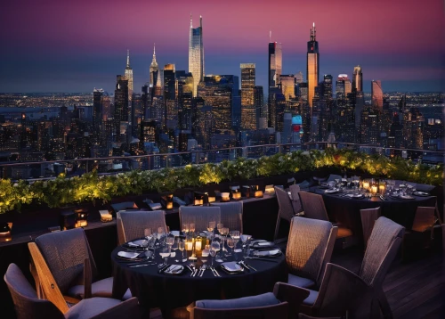 new york restaurant,manhattan skyline,top of the rock,roof terrace,new york skyline,roof garden,outdoor dining,manhattan,chicago skyline,newyork,fine dining restaurant,roof top,hoboken condos for sale,roof landscape,new york,homes for sale in hoboken nj,chicago night,new york city,rooftops,above the city,Illustration,Realistic Fantasy,Realistic Fantasy 36