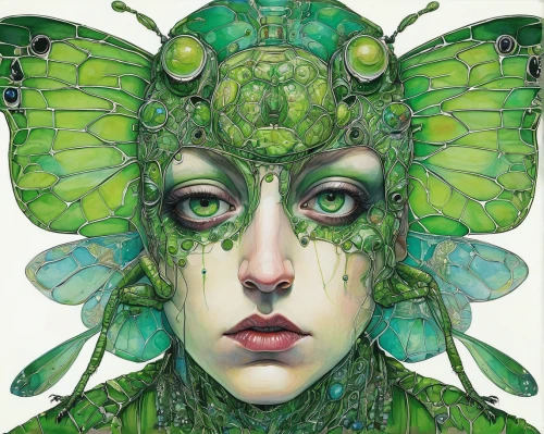 cicada,dryad,lepidopterist,faery,butterfly green,faerie,metamorphosis,entomology,luna moth,symbiotic,katydid,vanessa (butterfly),mantis,anahata,green skin,monarch,medusa,natura,lepidoptera,julia butterfly,Illustration,Abstract Fantasy,Abstract Fantasy 04