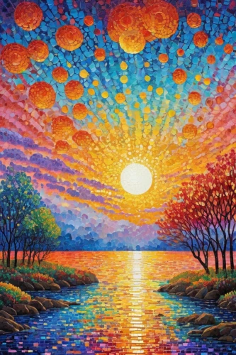 sun,colorful tree of life,incredible sunset over the lake,oil painting on canvas,color fields,art painting,layer of the sun,psychedelic art,painting technique,tangerine tree,harmony of color,sun reflection,lsd,double sun,sunset,oranges,setting sun,oil on canvas,bright sun,oil painting,Conceptual Art,Daily,Daily 31