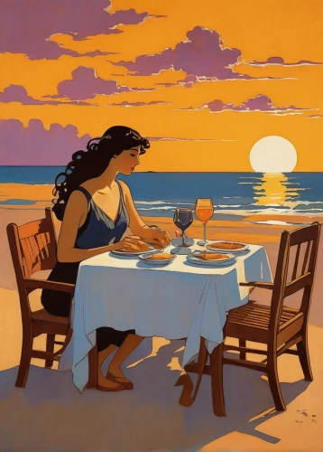 beach restaurant,romantic dinner,mai tai,dinner for two,agua de valencia,dining,fine dining restaurant,a restaurant,aperol,summer evening,apéritif,aperitif,fine dining,appetite,diner,breakfast table,to be alone,luau,enjoy the meal,dinner,Illustration,Retro,Retro 07