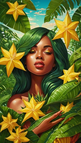 polynesian girl,starfruit plant,flora,tropical bloom,frangipani,starfruit,star fruit,tropical floral background,anahata,spring leaf background,polynesian,rosa ' amber cover,polynesia,plumeria,hula,magnolia star,virgo,honolulu creeper,carambola,portrait background,Illustration,Realistic Fantasy,Realistic Fantasy 45