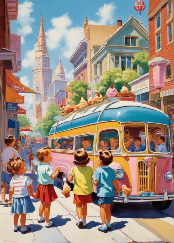 walt disney world,the disneyland resort,trolley bus,vwbus,disneyland park,popeye village,tourists,disney-land,disney world,tokyo disneysea,school bus,disney land,children's ride,magic kingdom,disneyland,trolley train,city bus,schoolbus,tokyo disneyland,street scene,Illustration,Retro,Retro 04