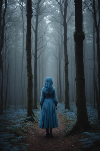 blue enchantress,girl walking away,forest walk,winterblueher,sleepwalker,forest of dreams,the snow queen,the mystical path,haunted forest,mystical portrait of a girl,girl with tree,ballerina in the woods,photo manipulation,photomanipulation,holly blue,woman walking,hollow way,forest path,fantasy picture,enchanted forest,Photography,Documentary Photography,Documentary Photography 04