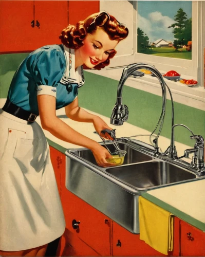 kitchen sink,washing dishes,vintage kitchen,housework,wash the dishes,dishwasher,housewife,girl in the kitchen,domestic life,cleaning woman,homemaker,chores,retro 1950's clip art,dishes,domestic,home appliance,major appliance,kitchenette,home appliances,household appliance,Illustration,Retro,Retro 10