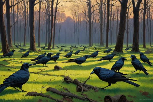 murder of crows,crows,a flock of pigeons,corvidae,jackdaws,flock of birds,hooded crows,ivory-billed woodpecker,flock of chickens,blackbirds,wild birds,flock,bird migration,flock home,the birds,bird painting,forest landscape,feral pigeons,wild geese,roost,Illustration,Retro,Retro 14