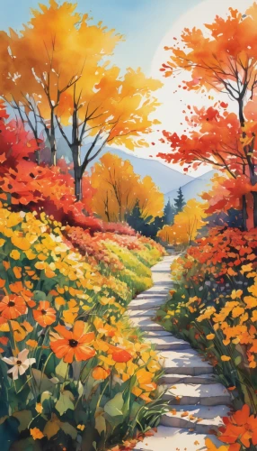 autumn landscape,fall landscape,autumn background,autumn scenery,fall foliage,autumn forest,autumn idyll,autumn theme,autumn walk,autumn mountains,autumn,autumn leaves,the autumn,autumn trees,autumn colouring,autumn day,landscape background,colored leaves,flower painting,colors of autumn,Illustration,Paper based,Paper Based 07