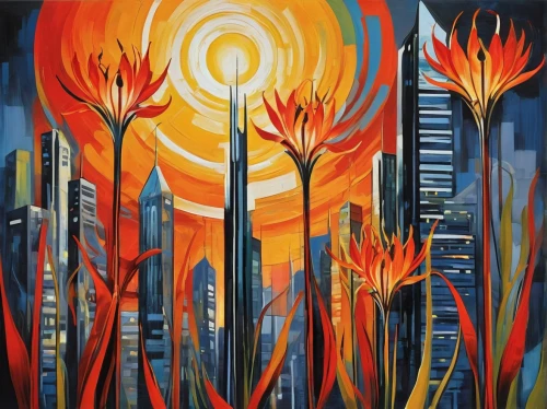 city in flames,torch lilies,fire planet,wildfire,bushfire,schopf-torch lily,forest fire,torch-bearer,fire lily,burning torch,phoenix,eruption,metropolis,tulip festival,solar eruption,burned land,fire flower,flaming torch,sonoran,fire artist,Conceptual Art,Oil color,Oil Color 24