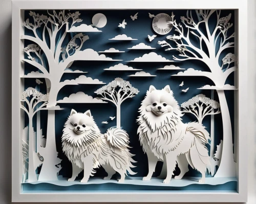 paper art,winter animals,woodland animals,nursery decoration,pomeranian,whimsical animals,snow trees,blue and white porcelain,forest animals,snow scene,two wolves,samoyed,dog illustration,snow figures,the snow queen,christmas window,cuckoo clocks,german spitz mittel,german spitz klein,puppet theatre,Unique,Paper Cuts,Paper Cuts 04