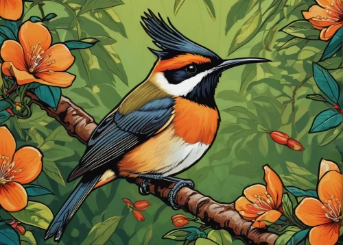 flower and bird illustration,chestnut sided warbler,chestnut-backed chickadee,rufous,eastern spinebill,chickadee,orange-breasted sunbird,bird illustration,varied thrush,blackburnian warbler,bird painting,common firecrest,rufous hummingbird,spring bird,carolina chickadee,garden bird,titmouse,bananaquit,magnolia warbler,nature bird,Illustration,American Style,American Style 10