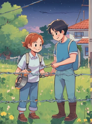 girl and boy outdoor,overalls,hold hands,gardening,holding hands,studio ghibli,little boy and girl,picking flowers,overall,recess,childhood friends,hiyayakko,boy and girl,forest workers,hands holding,holding flowers,girl in overalls,in the field,farmers,kids illustration,Illustration,Japanese style,Japanese Style 06