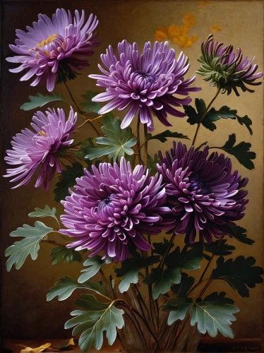 purple chrysanthemum,violet chrysanthemum,purple dahlias,chrysanthemums,chrysanths,chrysanthemum flowers,asters,new york aster,siberian chrysanthemum,china aster,autumn chrysanthemum,senetti,chrysanthemum,garden chrysanthemums,european michaelmas daisy,autumn asters,purple dahlia,chrysanthemum grandiflorum,korean chrysanthemum,green chrysanthemums,Art,Classical Oil Painting,Classical Oil Painting 08