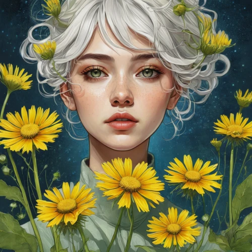 dandelions,yellow daisies,dandelion,daisies,helianthus,girl in flowers,fantasy portrait,dandelion meadow,sunflowers,dandelion background,celestial chrysanthemum,woodland sunflower,sunflower,taraxacum,chrysanths,sun flowers,sun daisies,chamomile,flora,dandelion flower,Illustration,Paper based,Paper Based 16