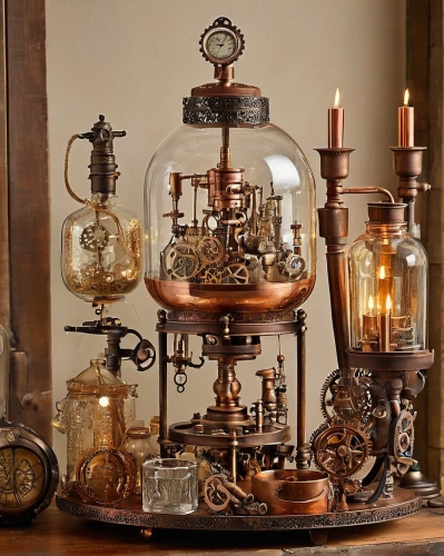 clockmaker,scientific instrument,steampunk,steampunk gears,orrery,watchmaker,apothecary,perfume bottles,distillation,pocket watches,oil lamp,grandfather clock,barograph,sand timer,medieval hourglass,decanter,vintage lantern,potions,barometer,chronometer,Illustration,Realistic Fantasy,Realistic Fantasy 13