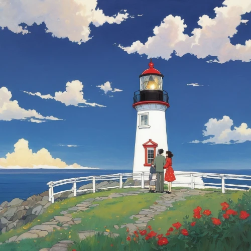 red lighthouse,lighthouse,studio ghibli,petit minou lighthouse,light house,electric lighthouse,seaside country,red summer,landscape red,washington,maine,light station,world digital painting,lightship,red roof,red sail,landscape background,scarlet sail,summer day,summer sky,Illustration,Japanese style,Japanese Style 14