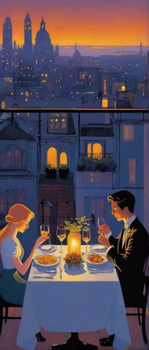 ratatouille,romantic dinner,dinner for two,paris balcony,paris,paris cafe,dinner party,dining,saganaki,bistro,watercolor paris balcony,diner,romantic night,pot-au-feu,parisian coffee,apéritif,evening atmosphere,paris clip art,new york restaurant,a restaurant,Illustration,Retro,Retro 07