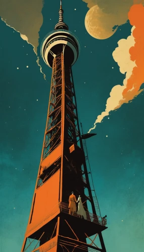 space needle,travel poster,fire tower,lookout tower,cellular tower,observation tower,steel tower,cn tower,beacon,radio tower,watchtower,cell tower,observatory,lighthouse,diving bell,television tower,electric tower,electric lighthouse,the observation deck,vintage illustration,Conceptual Art,Sci-Fi,Sci-Fi 17