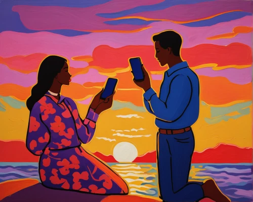 khokhloma painting,indigenous painting,woman holding a smartphone,oil on canvas,black couple,loving couple sunrise,honeymoon,young couple,two people,oil painting on canvas,camera illustration,painting,man and wife,art painting,painting technique,painting easter egg,meticulous painting,paintings,watermelon painting,man and woman,Art,Artistic Painting,Artistic Painting 40