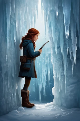 ice cave,the snow queen,heroic fantasy,frozen,ice princess,ice castle,ice floe,ice wall,ice pick,merida,ice queen,games of light,frozen ice,bow and arrows,ice climbing,solo violinist,playing the violin,crevasse,winterblueher,icemaker,Illustration,Abstract Fantasy,Abstract Fantasy 02