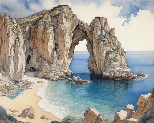 three point arch,coastal landscape,durdle door,limestone arch,natural arch,landscape with sea,rock arch,sea landscape,cliffs ocean,cliffs of etretat,cliff coast,beach landscape,coastal and oceanic landforms,aphrodite's rock,sea caves,huangshan maofeng,petra tou romiou,jusangjeolli cliff,navajo bay,etretat,Illustration,Retro,Retro 25