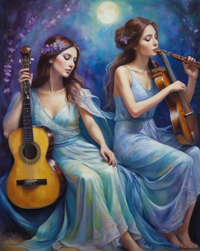 musicians,celtic woman,violinists,classical guitar,string instruments,serenade,oil painting on canvas,singers,folk music,oil painting,harmony,music instruments,art painting,musical ensemble,violist,woman playing,duet,viol,performers,music,Illustration,Realistic Fantasy,Realistic Fantasy 30