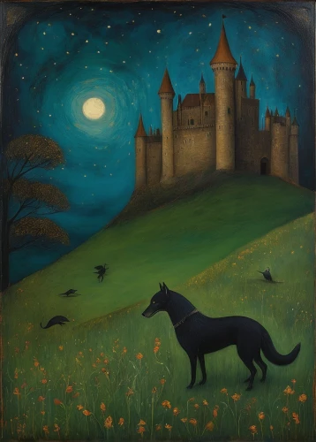 black shepherd,hanover hound,kennel club,transylvanian hound,schipperke,night scene,kelpie,bruno jura hound,black horse,scottish terrier,greyhound,polish greyhound,canidae,old english terrier,constellation wolf,artois hound,canis panther,moonlit night,carol colman,zwartnek arassari,Illustration,Abstract Fantasy,Abstract Fantasy 15