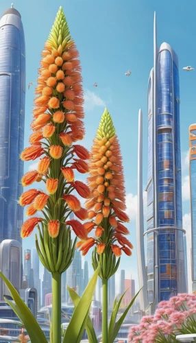 skyscrapers,rocket flowers,valerian,futuristic landscape,skyscraper town,dubai,flowers of massive,beekeeper plant,skyscraper,futuristic architecture,the skyscraper,rocket flower,bee colony,sky city,swarm of bees,skyflower,fantasy city,bee-dome,cellular tower,tall buildings,Illustration,Japanese style,Japanese Style 01