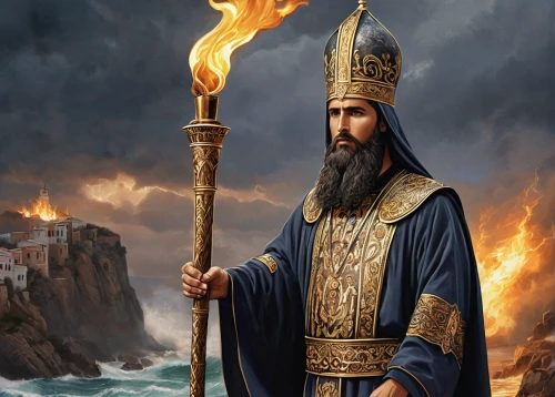 thracian,hieromonk,pillar of fire,torch-bearer,archimandrite,thorin,poseidon god face,poseidon,zoroastrian novruz,fire master,lake of fire,constantinople,biblical narrative characters,king david,imperator,god of the sea,elaeis,sea god,fire background,greek orthodox,Illustration,Realistic Fantasy,Realistic Fantasy 43