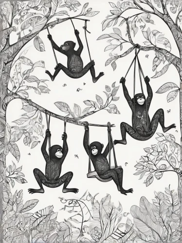 tree swing,hanging elves,rope swing,hammocks,tree top,birds on a branch,hanging swing,hammock,trapeze,treetop,birds on branch,cats in tree,primates,swing,flying fox,tree tops,swinging,flying trapeze,swing set,tree sloth,Illustration,Black and White,Black and White 05