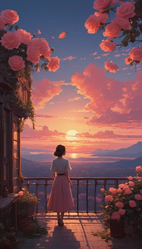 flower in sunset,studio ghibli,pink dawn,landscape rose,summer evening,japanese sakura background,everlasting flowers,falling flowers,cosmos autumn,blooming field,sea of flowers,sky rose,way of the roses,dream world,violet evergarden,sakura background,the cherry blossoms,evening atmosphere,bloom,red sky,Illustration,Realistic Fantasy,Realistic Fantasy 12