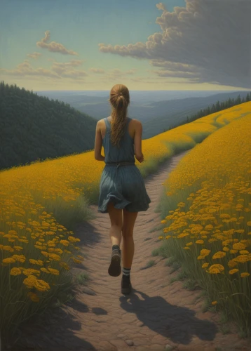 daffodil field,girl walking away,female runner,chamomile in wheat field,yellow grass,woman walking,field of rapeseeds,dandelion field,rapeseed field,little girl running,girl in a long,dandelion meadow,run uphill,little girl in wind,pathway,sunflower field,girl picking flowers,yellow daisies,tall field buttercup,girl in flowers,Conceptual Art,Daily,Daily 30