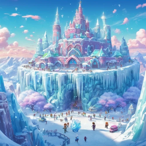 ice castle,fantasy city,fantasy world,ice planet,ice landscape,snowhotel,fairy tale castle,infinite snow,ice crystal,3d fantasy,fairy world,snow house,diamond lagoon,winter festival,hamelin,crystalline,aurora village,snow scene,knight's castle,snow landscape,Illustration,Japanese style,Japanese Style 02