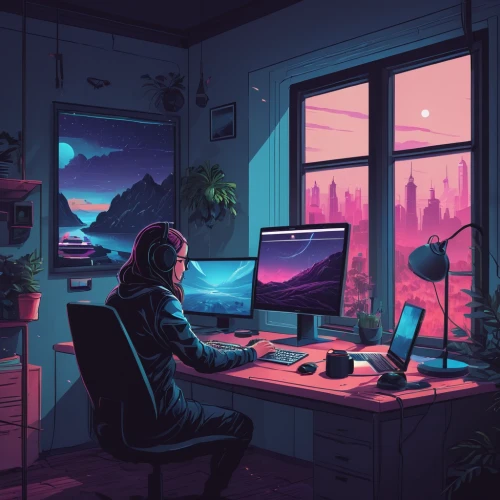 girl at the computer,workspace,night administrator,computer room,working space,world digital painting,digital nomads,freelancer,sci fiction illustration,work space,computer addiction,home office,work from home,man with a computer,remote work,evening atmosphere,freelance,study room,game illustration,creative office,Conceptual Art,Fantasy,Fantasy 32