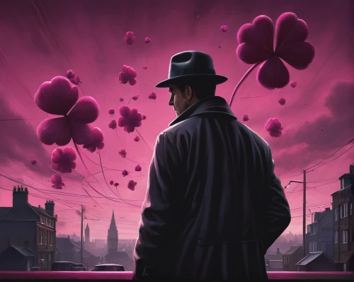 pink balloons,bowler hat,sherlock holmes,mafia,holmes,mary poppins,ironweed,detective,pandemic,balloon flower,game illustration,rorschach,the pandemic,sci fiction illustration,red balloon,sherlock,magician,la violetta,inspector,investigator,Conceptual Art,Sci-Fi,Sci-Fi 25